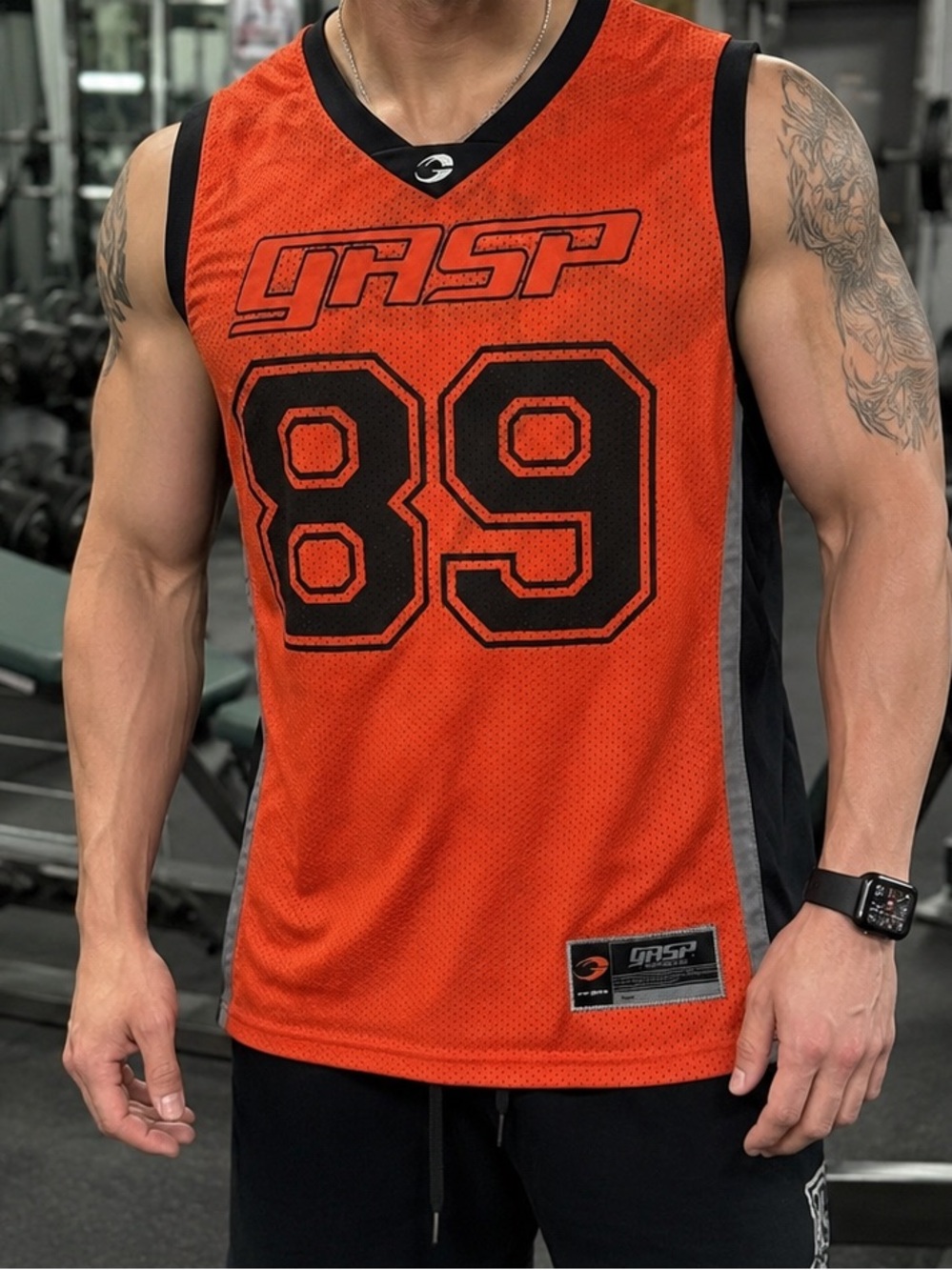 GASP #89 Mesh Jersey Tank Top Orange/Black | Size Large | Gym Bodybuilding